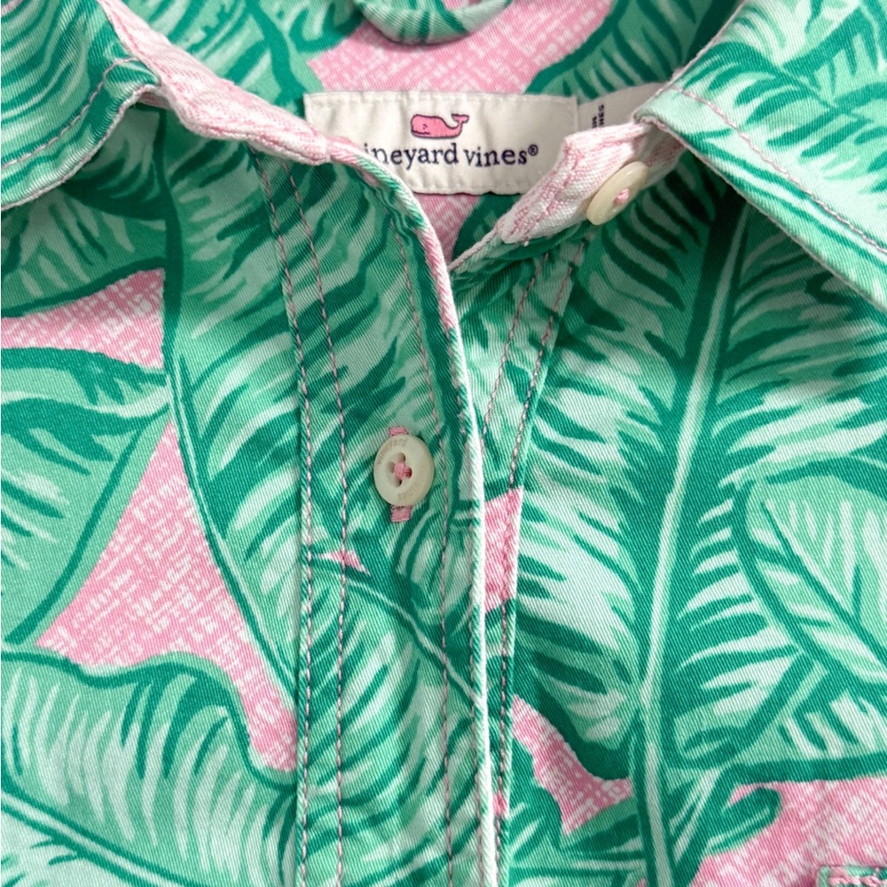 Vineyard Vines Palm Print Shirt Dress Size 14 Pink Green Sleeveless - Picture 5 of 16